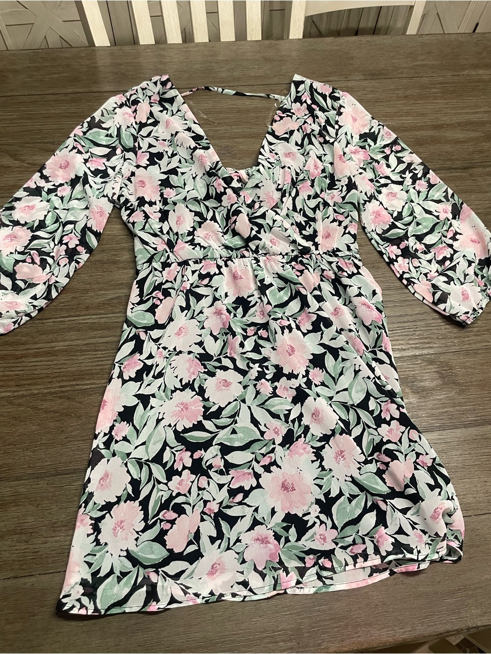 As U Wish Black Floral V-Neck Dress with Pink & Green Print